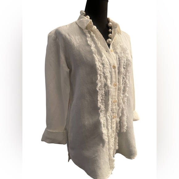 Pilcro Anthropologie White LinenBlend Ruffle Button FrontBlouse Boho Cottagecore - Picture 4 of 11